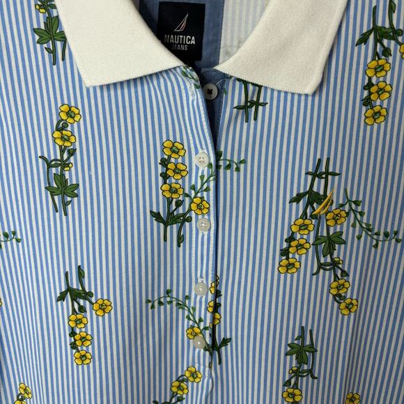 NWT Nautica Jeans Core Women's Floral-Print Short-Sleeve Polo Shirt - Blue - M - Picture 6 of 10